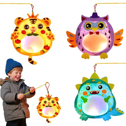 3 Stück Laternen Bastelset für Kinder,Lampions Tier Laterne Basteln Set, Laterne St Martin mit Laternenstab,Tier LaterneBasteln Set Kreativset,für Junge Mädchen (Tiger, Eulen, Dinosaurier）