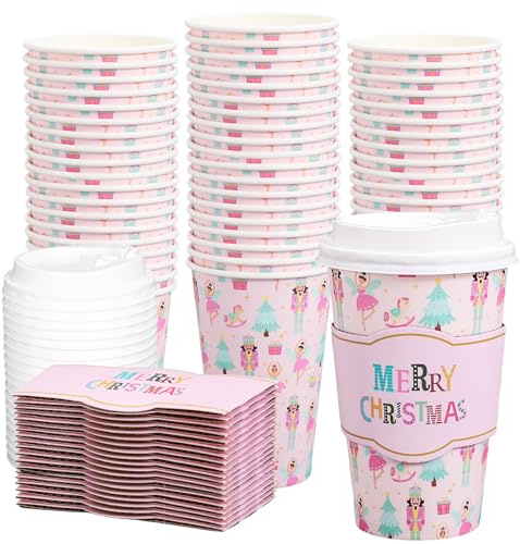 Whaline 50Pcs Merry Christmas Disposable Coffee Cups with Lids and Sleeves Pastel Pink Nutcracker Paper Drinking Cup for Xmas Birthday Party Supplies