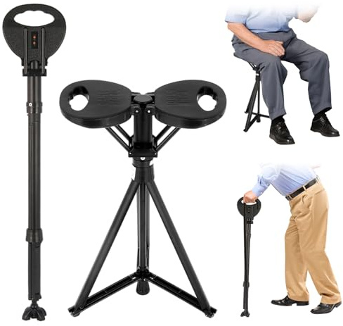 Klappbarer Gehstock mit Sitz Höhenverstellbarer, Leichter einziehbarer Gehstockhocker, Verstellbarer Gehstockstuhl, Gehstock mit Sitz für Camping, Wandern, leichtes Aluminium, einfach zu tragen,250kg