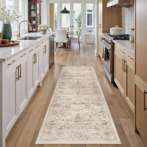 PureCozy Waschbarer Beige LäUfer Flur Teppich 60x180cm rutschfest | Weich Kurzflor Carpet, Rutschfest, Küche, Bettvorleger,Eingangsbereich, Schlafzimmer, Esszimmer