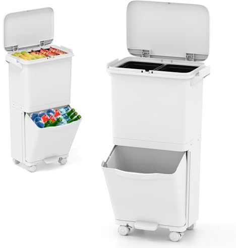 GiantexUK 40L Pedal Bin, 2-Tier Recycling Bins with 3 Compartments, Wheels, Handles & Classification Stickers, Garbage Can Waste Separation System for Home Office (42x28x74cm, with Removable Bins)