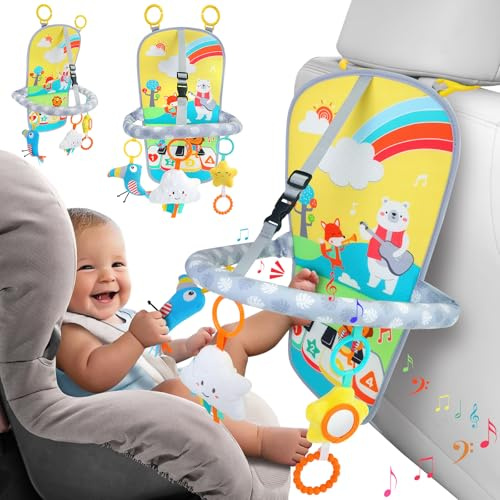 MPQMPQ Baby Car Seat Activity Toy for 6+ Months - Rear Facing Travel Toy with 2-Level Volume Music, Teether & Plush Toys, Adjustable Arch for Infants