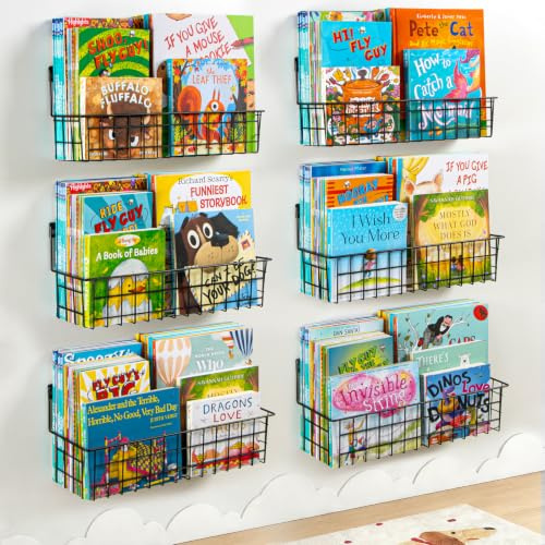 PUERSI 6-Pack Wall Mounted Bookshelf for Kids Rooms, Metal Nursery Shelves | for Wall, Floating Book Shelves for Baby Boys Girls Bedroom Decor and Storage