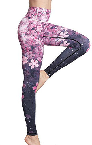 FLYILY Damen Sport Leggings Printed Fitness Tights Hosen für Laufen Yoga Workout(2-Cherry,M)