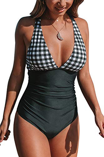 CUPSHE Damen Badeanzug V Ausschnitt Kreuz Rückseite Bauchweg Strandmode Einteiler Swimsuit,Schwarz,S