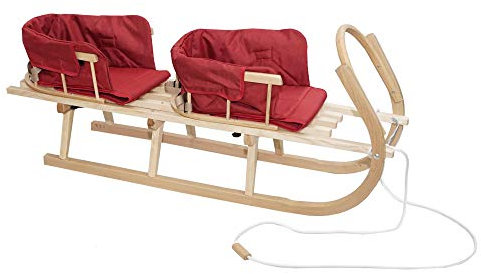 Schlitten Duo aus Holz Holzschlitten für Zwei Kinder mit Zwei Rückenlehne Rodelschlitten Davoser Schlitten aus Holz mit einem Sicherheitsgurt, Rückenlehne, Matratze für Kinder und Erwachsene (Rot)