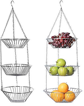 LICHENGTAI Obstkorb zum Hängen, Hängekorb 3 stöckiger Pflanzen Suitable for Every Kitchen, Rostfreier Stahl Multi-Functional Hanging Basket for Fruit, Vegetables, Pflanzen