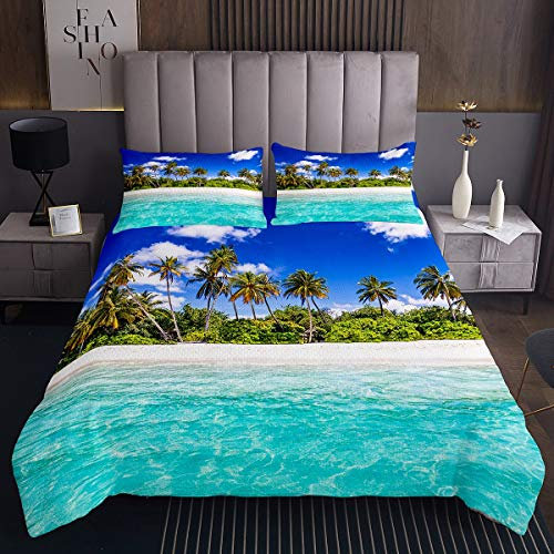 Strand Ozean Bettüberwurf Palme Drucken Steppdecke für Frauen Männer Tropische Palmblätter Tagesdecke 220x240cm Blaugrün Hawaiianisches Meer Gedruckt Mit 2 Kissenbezug