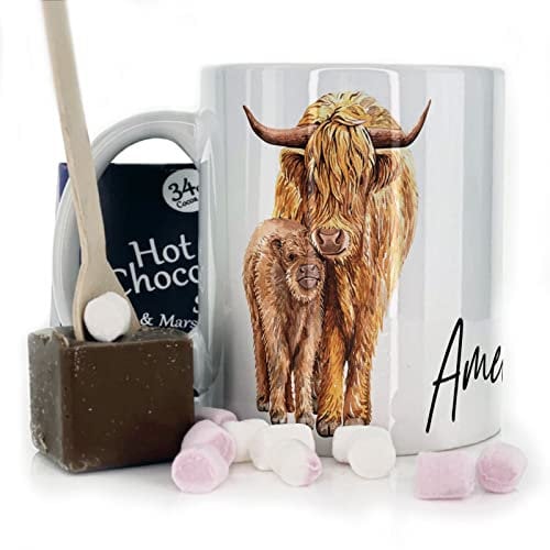 Personalised Mug and Belgian Milk Chocolate/Hot Chocolate Stirrer Marshmallow Gift Set, Custom Name (11oz) Thank You, Love You, Happy Birthday Mug with Mother and Baby Highland Cow Calf Design Print