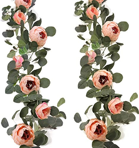 JUSTOYOU 2 Stück künstliche Eukalyptus-Blumengirlande, 8-köpfige Pfingstrosen-Blumenreben, grüne Girlande, Blumengirlanden-Dekoration für Hochzeitsbogen, Wandhintergrund, Hochzeitstisch, Party (Rosa)