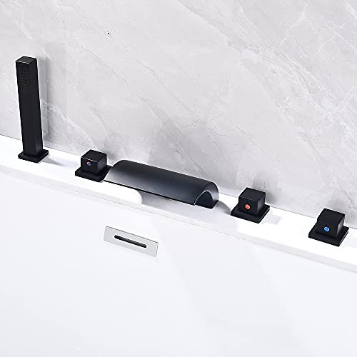 Badewannenarmatur Wasserfall LED, Wasserhahn 5 Loch Set Duschsysteme Badezimmer Armatur mit Ausziehbarer Handbrause und Drei Griffe (Schwarz)