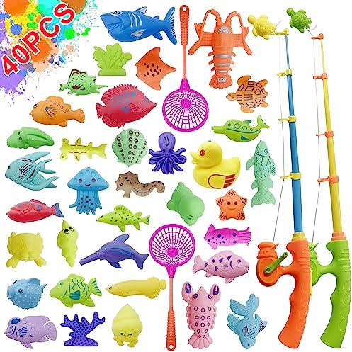 Magnetic Fishing Toys, 40 Pcs Kids Fishing Game Set with Rod and Net, Outdoor Plastic Floating Fish Bathtime Pool Toy for 3 4 5 6 Year Old Toddlers