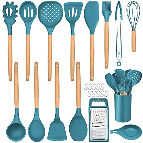 Joyfair Kitchen Utensils Set, 25 Pieces Soft Silicone Cooking Utensil Set with Holder, Natural Wooden Handle Kitchen Spatula Spoon for Cooking Baking, Non Stick & Heat Resistant, Blue
