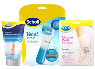 Routine Exfoliation et 100% Hydratation Scholl : Râpe Velvet Smooth Exfoliante & Contour du pied, Masque Pieds Très Hydratant et Crème Pieds Nutrition Intense 75ml