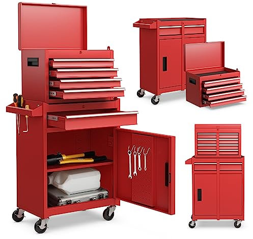 GYMAX Servante d'Atelier Outils, avec Coffre Amovible, 5 Tiroirs, 2 Grande Étagère, Caisse à Outil Roulante, Chariot d’Atelier, 4 Roues Universelles(2 avec Freins), Établi pour Bricolage Automobile