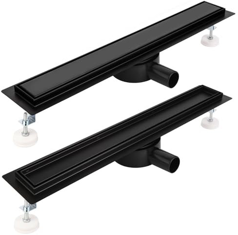 Kasloglow Duschrinne 40 cm Komplettset Schwarz, Edelstahl Ablaufrinne, Extra flache befliesbare Duschrinne mit Haarsieb, Geruchsstop und 360° Drehbar Siphon - Länge 30-120cm für bodenebene Duschen