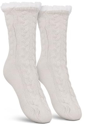 Bestlivings Haussocken Damen mit Teddyfutter - Hüttensocken mit Anti-Rutsch-Sohle - ABS Norweger Socken Zopfmuster - Kuschelsocken Einheitsgröße Stopper (Weiß (1 Paar))