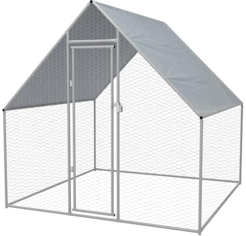 FENLAX Hühnerkäfig aus Verzinkter Stahlrahmen + Polyethylen Dach 200x200x192 cm Silberner Rahmen Graues Dach Hühnerfreilaufgehege Voliere Hühner Hühnergehege Außen Geflügelställe & Geflügelkäfige