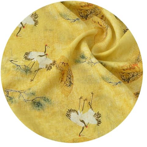 Summer Leichter Dünner Atmungsaktiver Bedruckter Stoff, Stoff mit Kranichmuster im Chinesischen Stil für Kleider, Hemden, 42S Tencel Ramie, Breite 140 cm, Meterware,FC01-2m