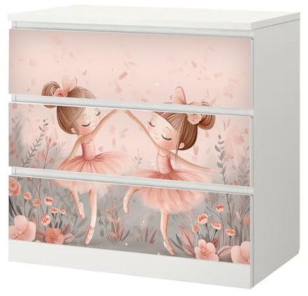 Sunnywall® Möbelfolie passend für IKEA Malm Kommode Schrankfolie Aufkleber mit Ballerina Floral Motiv | blasenfrei verkleben | Kinderzimmer 3er 80 cm