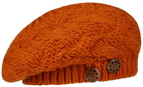 LIERYS Jil Strickbaske mit Knöpfen - Strickmütze mit Schurwolle - Damenmütze Made in Germany - Französische Damenbaske - One Size 54-59 cm - Strickbaske Herbst/Winter - Mütze Terracotta One Size