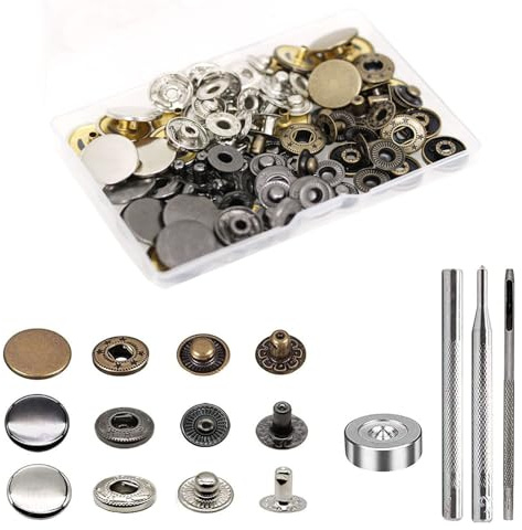 24 Sets Heavy Duty Leather Snap Fasteners Kit, BetterJonny 20mm Metal Snap Buttons Press Studs Leather Rivets Snaps with 4 Setter Tools for Clothes Bracelet Jackets Jeans, 3 Color