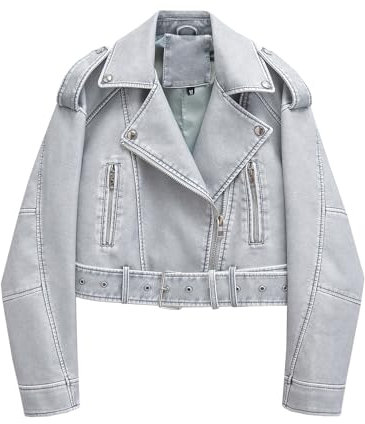 LY VAREY LIN Kurze Damenjacke aus Kunstleder, lässig, Bomberjacke, Biker, Kurzmantel mit Gürtel, 2371 Blau, Small