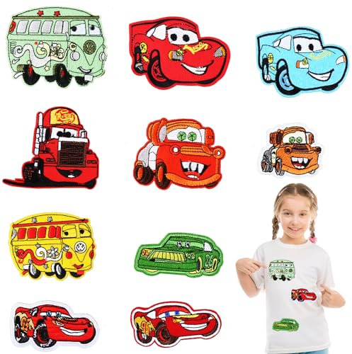 10 Stück Cars Flicken zum Aufbügeln Kinder, Cars Bügelbilder für Textilien Kinder, Auto Patches zum Aufnäher Set, Mc Queen Aufbügelflicken, für Aufnähen oder Aufbügeln auf Kleidung, Kleid, Jeans