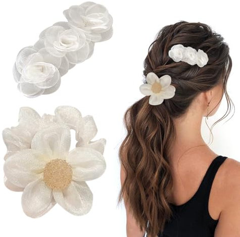 1 Pinza para el pelo de Camelia, 1 Coletero con Flores Blancas, Hecho a Mano, Accesorios para el Pelo para Niñas con Flores Blancas