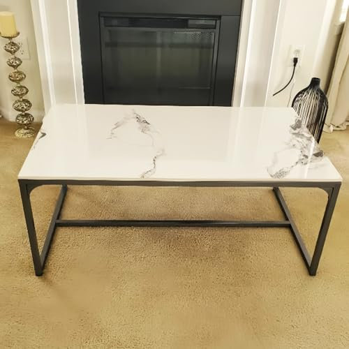 FATIVO Couchtisch Marmor Kaffeetisch Garten wetterfest, Outdoor Couchtisch Aluminium Beine, Rechteckiger Wohnzimmertisch Weiß Hochglanz Sofatisch Balkontisch für Wohnzimmer Garten 100×60×40cm