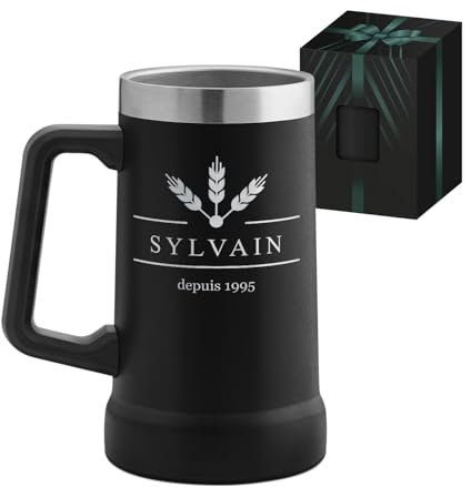 Maverton Mug Isotherme Personnalisable Noir 700 ml - Verre a Biere en Acier Inoxydable avec Anse - Idee Cadeau Homme, Cadeau Personnalisé pour Amateur de Bière avec prénom gravé Prénom