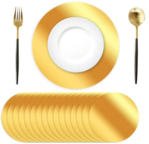 50 Stück Runde goldene Tischsets, 34cm Gold Papier Tischsets Runde Einweg, Tischmatten für Esszimmer, Hochzeit, Tischdekoration, Zuhause, Bankett, Party Weihnachten Esstisch Dekor(Hellgold)