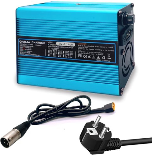 Le Chargeur 24V 5A Convient aux Batteries Plomb-Acide 27,6V. Chargeur d'entretien pour fauteuils roulants. Extérieur Bleu avec connecteur XLR 1+2-3 Broches.