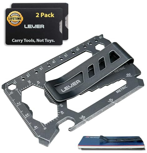 Lever Gear Toolcard Pro, mit Geldklammer, 40-in-1-Kreditkarte, Multitool-Karte, schlanke, minimalistische Edelstahl-Brieftaschenkarte und Geldklammer von Lever Gear (2, Stonewash)