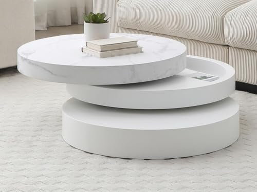 Vente-unique - Table Basse pivotante Ronde avec 1 Niche en MDF - Effet marbre Blanc et Blanc laquÈ - Janita