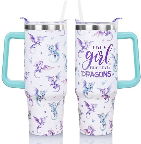 Mhrevyi 30 Oz Dragon Tumbler with Handle and Straw Dragon Coffee Travel Mug Cup water bottle, Dragon Gifts for Women Adults, Dragon Lover Gifts, Christmas Birthday Gifts for Women, Friends