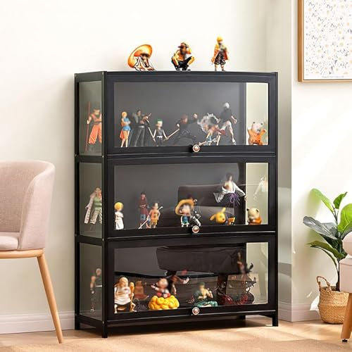 errtsdb 80x33x106cm Glasvitrine Stehend, 3 Schicht vitrinenschrank, glasvitrine stehend Multifunktionale Staubdichte Glasvitrine für Sammlerstücke, Bücher, Schwarz/Auf DREI Seiten transparent