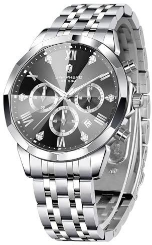 SAPPHERO Uhren Herren Chronographen Diamant Business Edelstahl Analog Quarz Armbanduhr Herren Wasserdicht Leuchtend Datum Luxus lässig Arbeit Herrenuhren Elegante Geschenke für Männer
