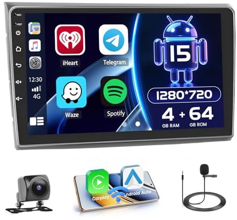 Hikity [4+64GB] Android 15 Radio Coche para Fiat Bravo 2008-2013 Radio CarPlay Android Auto Inalámbrico Pantalla Táctil 9 GPS/WiFi/Mirror Link/Bluetooth/DSP+AHD Cámara Trasera