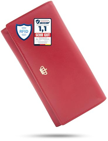 Baur Damen Geldbörse – Echtes Nappaleder mit RFID-Schutz – Großes Portemonnaie mit Druckknopf, 18 Kartenfächern und Münzfach mit Metall-Reißverschluss – Vollleder (Rot, Gold Design)