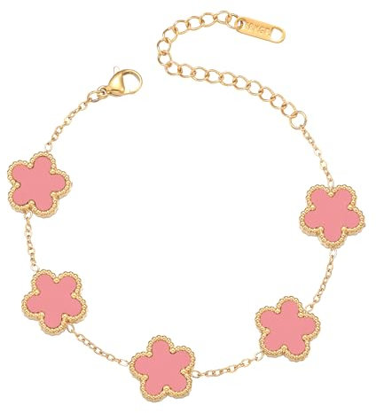 FUNIO Kleeblatt Armband für Damen - 18 Karat Gold Armband Armreif Glücksarmband Schmuck Geschenk für Damen (Rosa)