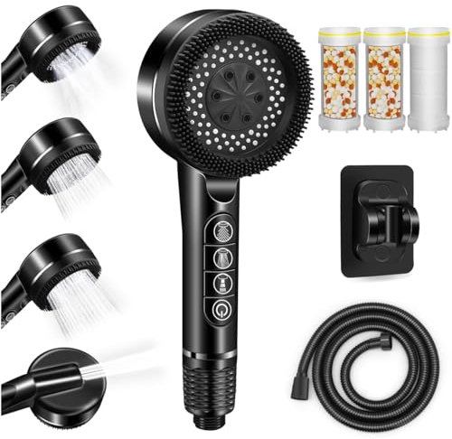 REETEE Alcachofa de Ducha con Filtro 3 Modos Ahorro de Agua Cabezal de Ducha, Ducha Multifunción de Alta Presió con 1,5M Manguera, Ducha Alcachofa con Soporte (negro)