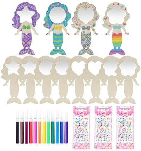 HDFHDF 1 Set Von 12 Stück Kindergeburtstag Basteln DIY Holzspiegel Mit 12 Stiften und 3 Farbenbohrern Party Geburtstagsfeier Graffiti Malerei Kreatives Handwerk Geschenke Mädchen Mögen