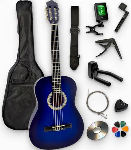 AMROVA - Pack Guitare Classique Enfant 3/4 Droitier (8-12 ans) + 10 Accessoires + CD & Cours Vidéo – Cordes Nylon, Livrée Accordée – Prime 24h (Bleu, 3/4, Droitier)