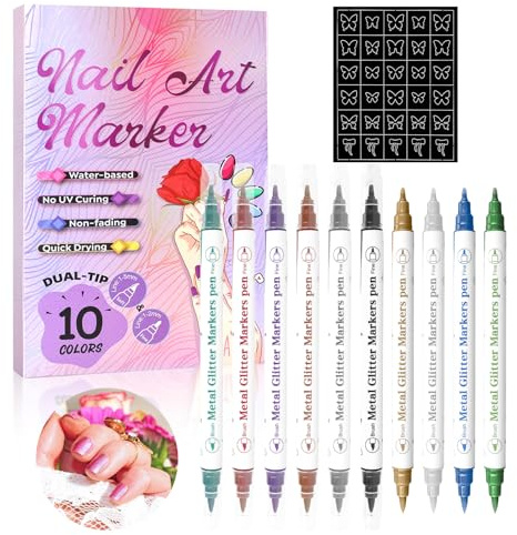 Nail Art Pens Set with Stencil – 10 Colours Dual Tip Nail Art Markers, Water-Based Nail Polish Pens for Real Nails, Quick Dry, No UV Curing, Nail Design Pens for DIY Nail Art (10 Colours)