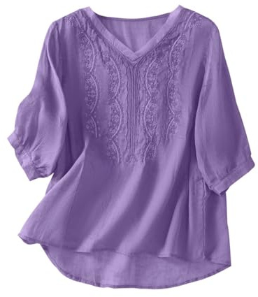 T-shirt femme 2026 chemisier femme couleur unie style brodé lin coton chemisier d'été col en V décontracté ample noir à manches longues, lilas, XXL