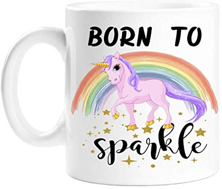 GrassVillage Born to Sparkle Unicorn Mug – Cute and Funny Coffee Cup Gift for Girls, Teens, Women, Friends – Magical Birthday or Present – 11oz White Ceramic Mug with Unicorn Design