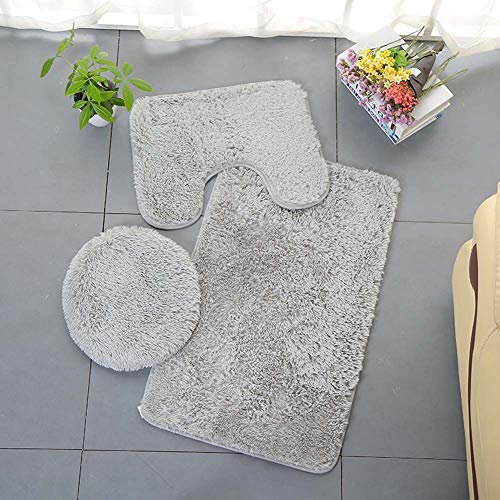 Homieco Tapis de Salle de Bains Couleur Pure 3Pcs Bath Mat Absorbant Doux Antidérapant Tapis & Couvercle Toilette Couvercle Set Lavable (Gris)