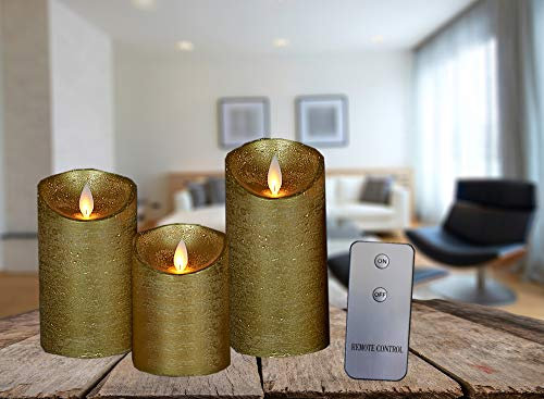 Coen Bakker 3er Set Kerze LED Echtwachskerze mit Fernbedienung Wachskerze viele Farben 10 cm + 12,5 cm + 15 cm Kerze Ø 7,5 cm flackender Docht Kerzen, Farbe:Gold