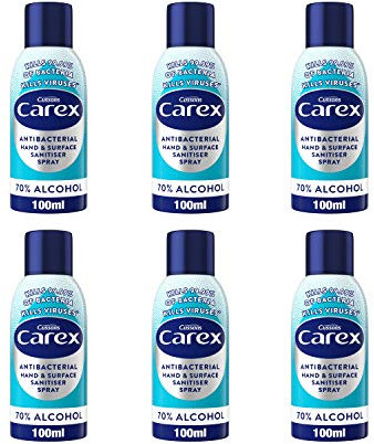 Carex Antibacterial Original Hand and Surface Santister Spray, 70 Percent Alcohol, Cleans, Cares and Protects, Bulk Buy, Pack of 6 100 ml
